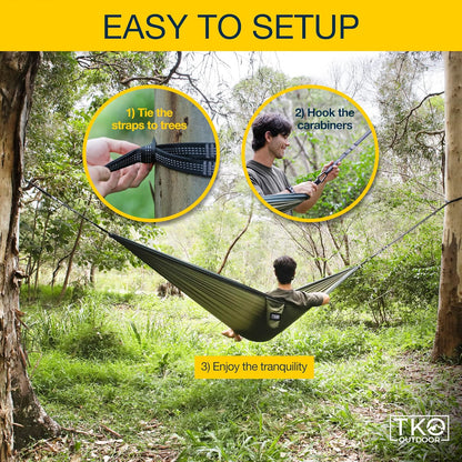 TKO Outdoor Double Camping Hammock - Portable Hammocks with Hanging Ropes | Lightweight Parachute Tree Hammock Tent for Backpacking, Travel, Beach, Backyard, Hiking, Indoor | Camping Gear Accessories