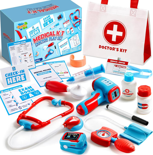 Play-Act Kids Doctor Kit, 16-Piece Pretend Play Medical Kit with Bag, Doctor Role Play Set with Realistic Toy Stethoscope, Reusable Record Cards, Dress Up Playset for Toddlers Ages 3+