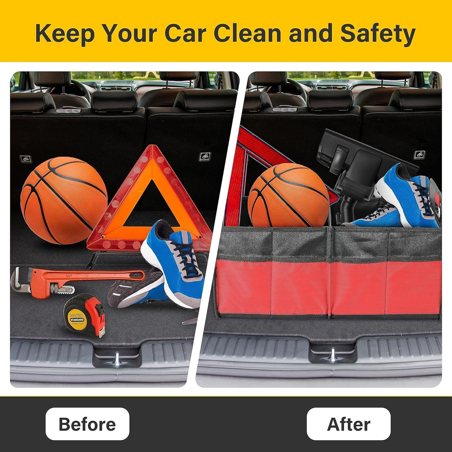 YSSOA 2 Compartments Car Trunk Organizer, 600D Waterproof Oxford Polyester Car Storage, Anti-slip 14" D x 22" W x 12" H Collapsible Trunk Storage, Suitable for SUV, Minivan, Truck, Red