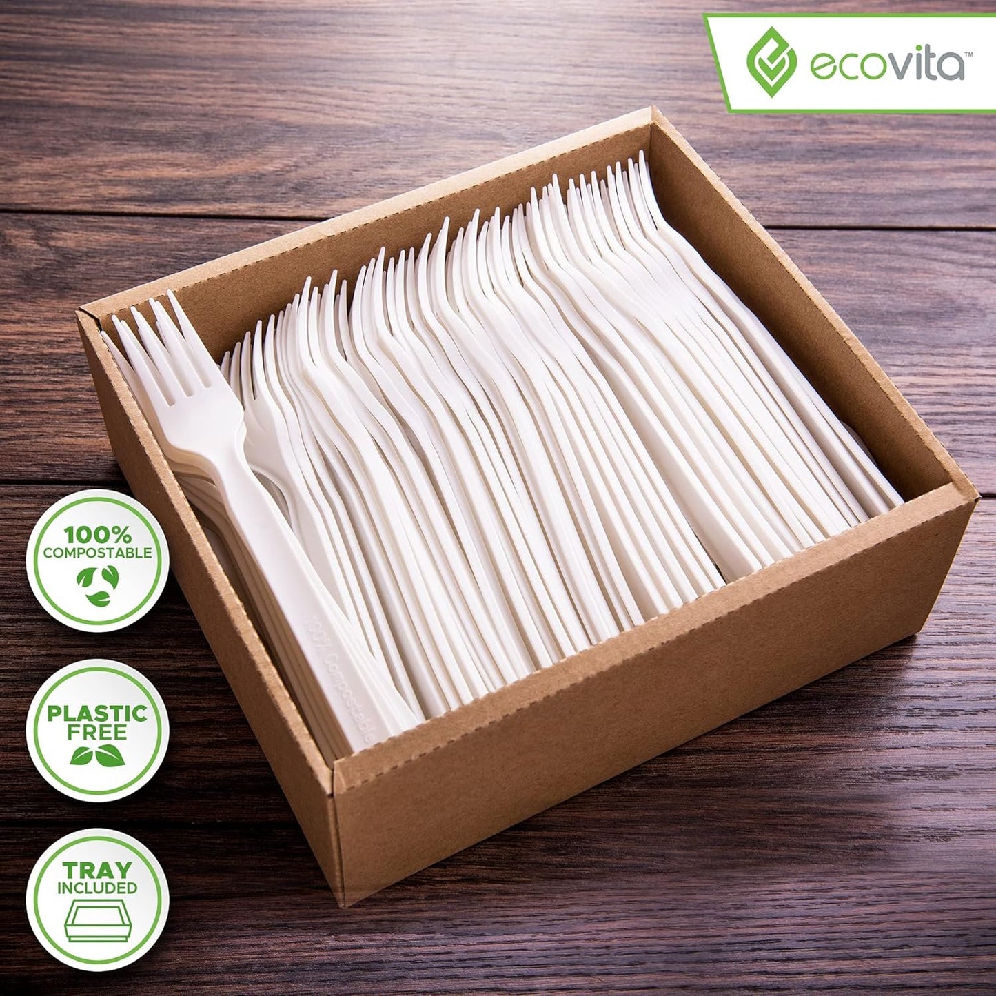 100% Compostable Disposable Forks Biodegradable Cutlery Set - 140 Large Utensils (7 in.) EcoFriendly Durable and Heat Resistant with Convenient Tray by Ecovita