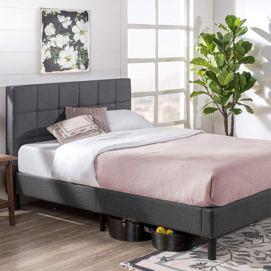 Zinus Queen Bed Frame - Square Upholstered Platform Bed Frame with Full-Sized Headboard - Wood Slat Support, Easy Assembly, No Box Spring Needed, Underbed Storage Space, Grey, Queen Size