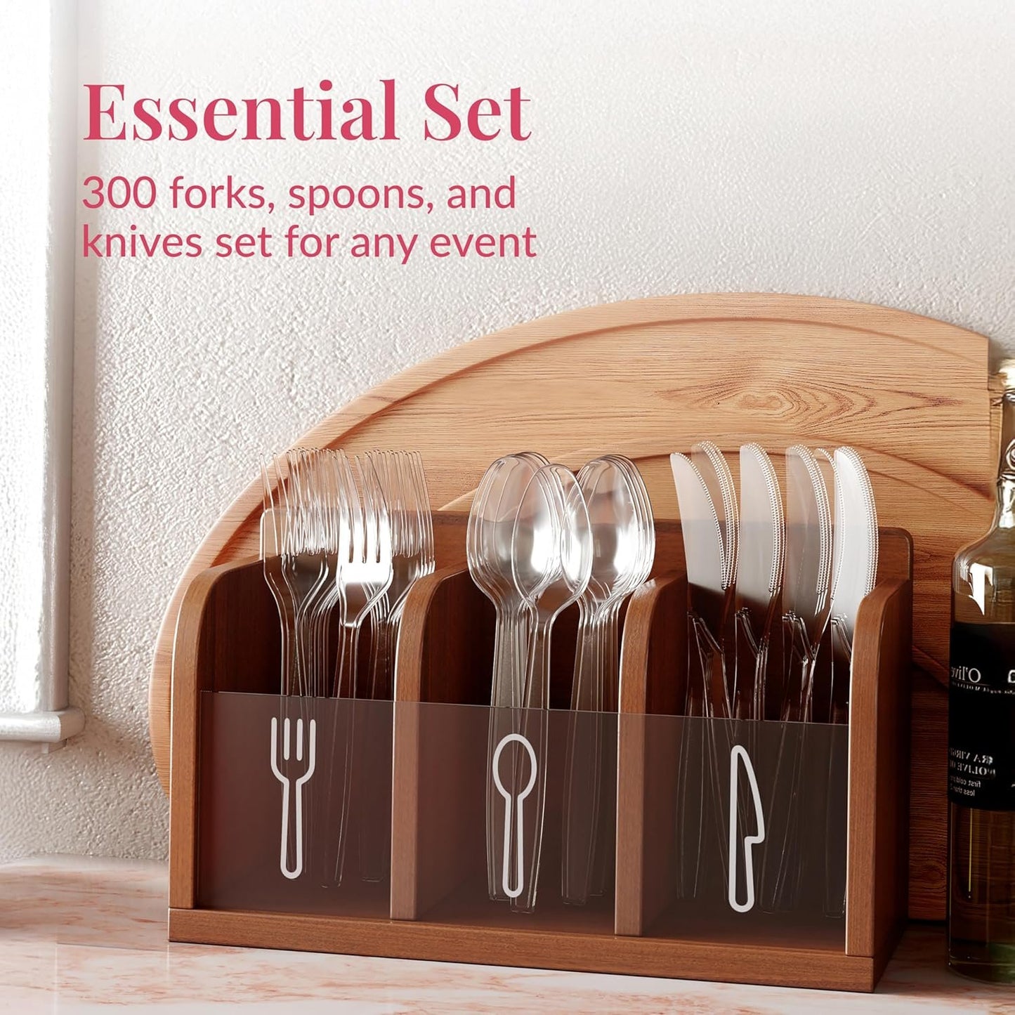Prestee 300-Piece Clear Plastic Silverware Set - Disposable Heavy Duty Bulk Cutlery and Utensils - Forks, Spoons, Knives (100 Each) - Cutlery Set
