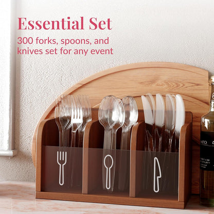 Prestee 300-Piece Clear Plastic Silverware Set - Disposable Heavy Duty Bulk Cutlery and Utensils - Forks, Spoons, Knives (100 Each) - Cutlery Set