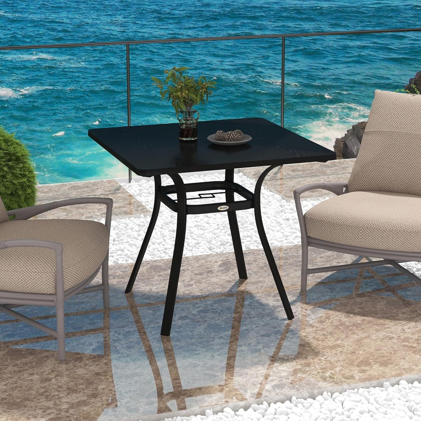 Outsunny Patio Table, 31.5" Square Outdoor Dining Table for 4 People with Steel Legs, Metal Tabletop, Umbrella Hole, for Garden, Backyard, Lawn, Balcony, Black