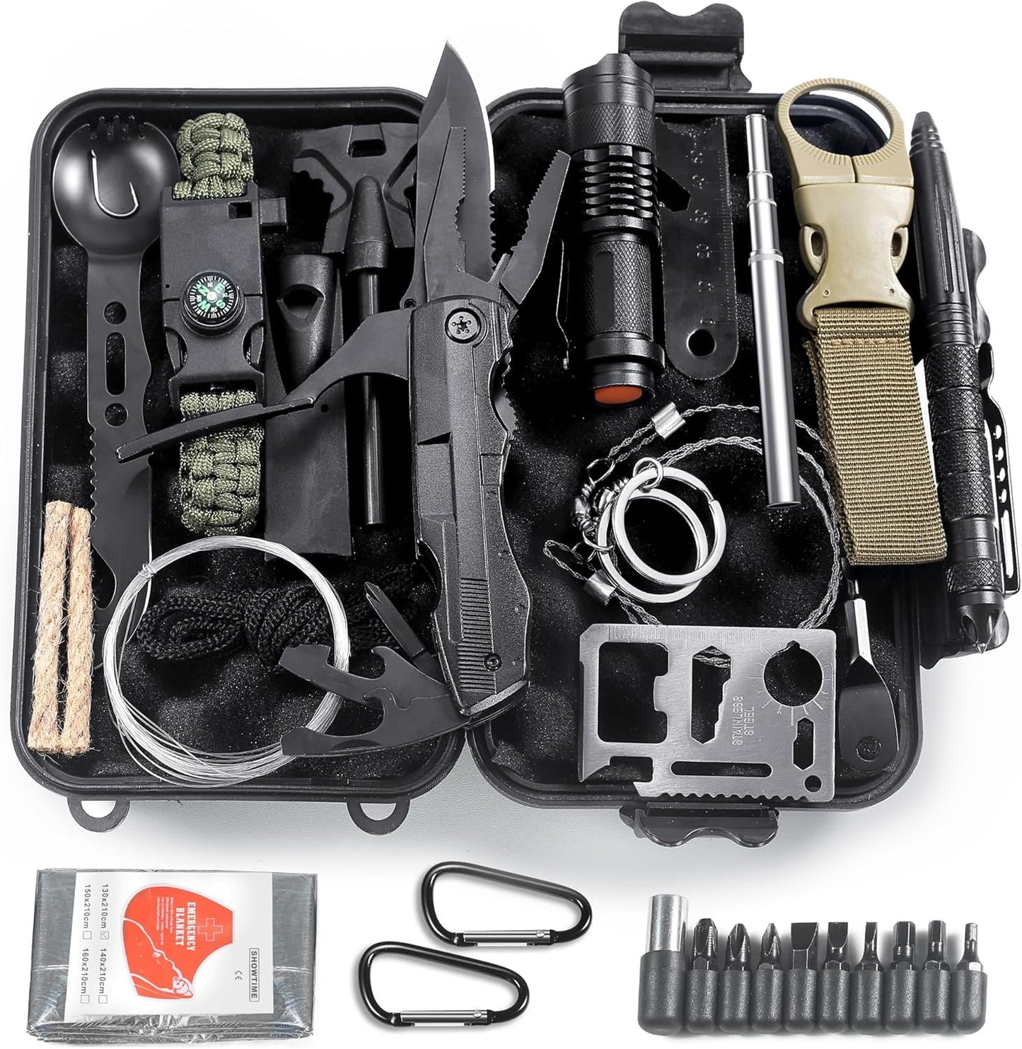 Quhaha 14-in-1 Multi-Purpose Emergency Survival Kit - Multitool Plier, Flint, Multi-Purpose Card, Emergency Blanket, Flashlight for Camping, Fishing, Hunting