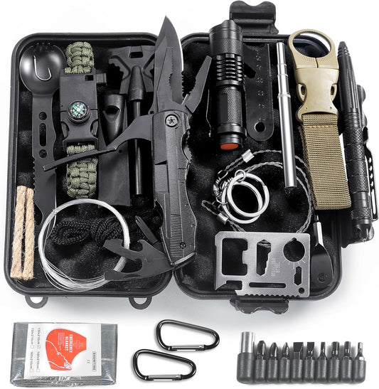 Quhaha 14-in-1 Multi-Purpose Emergency Survival Kit - Multitool Plier, Flint, Multi-Purpose Card, Emergency Blanket, Flashlight for Camping, Fishing, Hunting