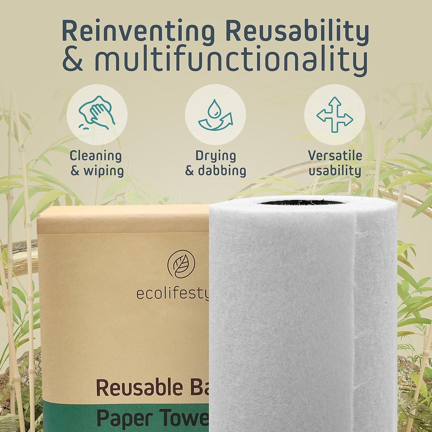 Ecolifestyle Reusable Paper Towels Washable – 3 Rolls, 20 Sheets (11"x11") | Made of Bamboo, Super Absorbent, Machine Washable, Eco-Friendly Alternative to Paper Towels | Perfect for Kitchen & Beyond