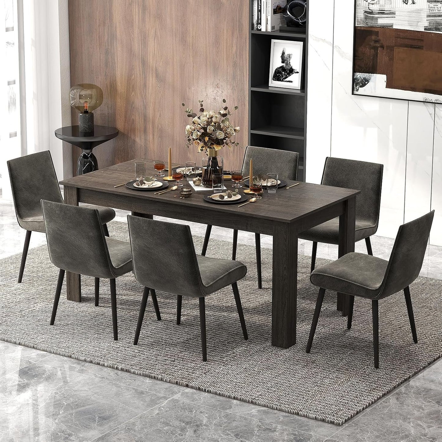 COSTWAY Dining Table for 4-6 People, 63” Rectangular Dining Room Table, Farmhouse Dinette Table with Large Computer Workstation, Modern Kitchen Table for Apartment, Living Room, Restaurant (Grey)