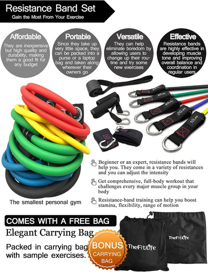 TheFitLife Exercise and Resistance Bands Set - 5 Fitness stackable up to 110/150/200/250/300 lbs Workout Tubes for Indoor and Outdoor Sports, Fitness, Suspension, Speed Strength, Baseball Softball Training, Home Gym, Yoga