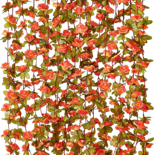 KHOYIME 5 Pack 40 FT Artificial Flower Garland, Fake Orange Roses Vines Silk Flowers Faux Plastic Outdoor Hanging Floral Ivy Garland Decoration for Indoor Table Home Wall Room Decor