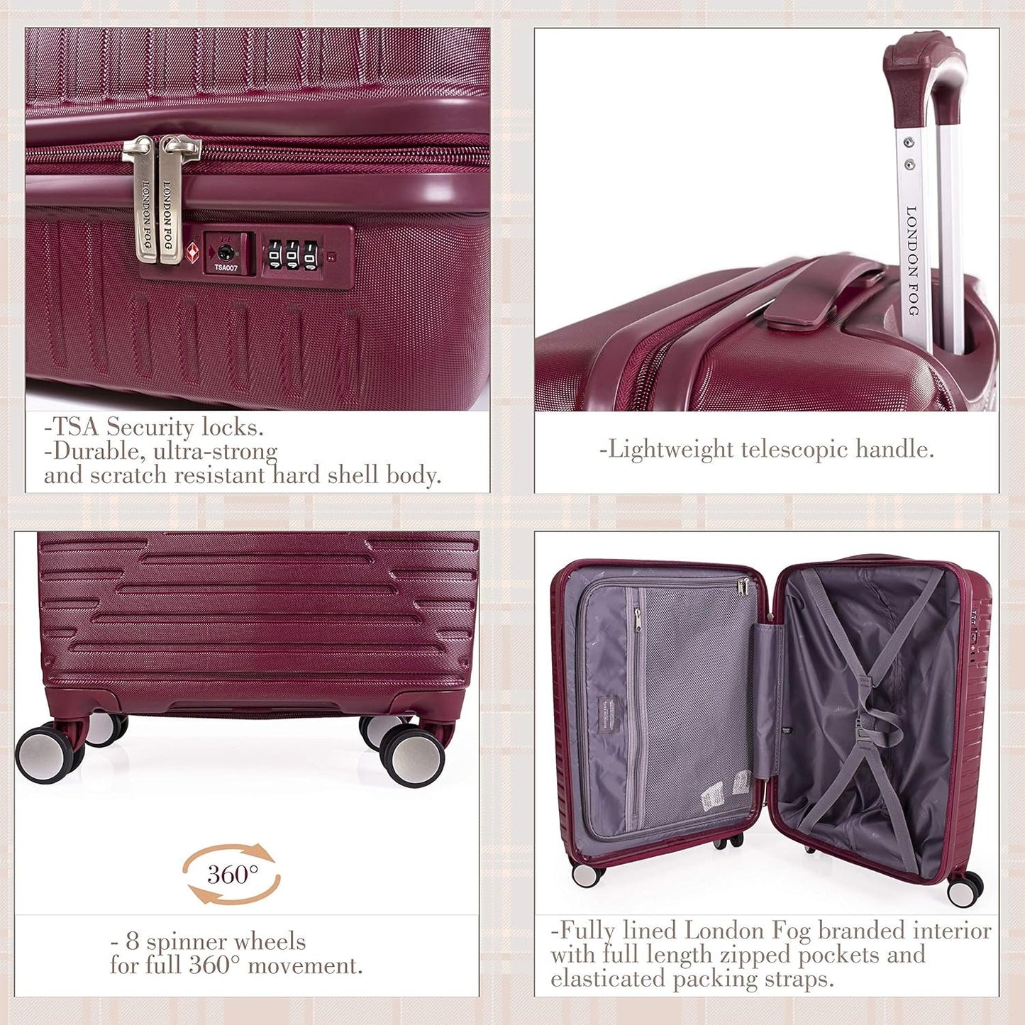 london Fog ABS Hard Case - 8 Wheel Spinner Travel Luggage | Telescopic Drag Handle | TSA Security Locks LFL005, Tuscan Red, Suitcase