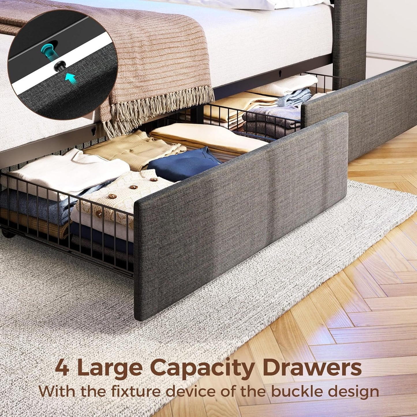 Rolanstar Queen Bed Frame with 4 Storage Drawers, Charging Station and LED Lights, Upholstered Platform Bed Storage Headboard, Heavy Duty Wooden Slats, No Box Spring Needed, Noise Free, Easy Assembly