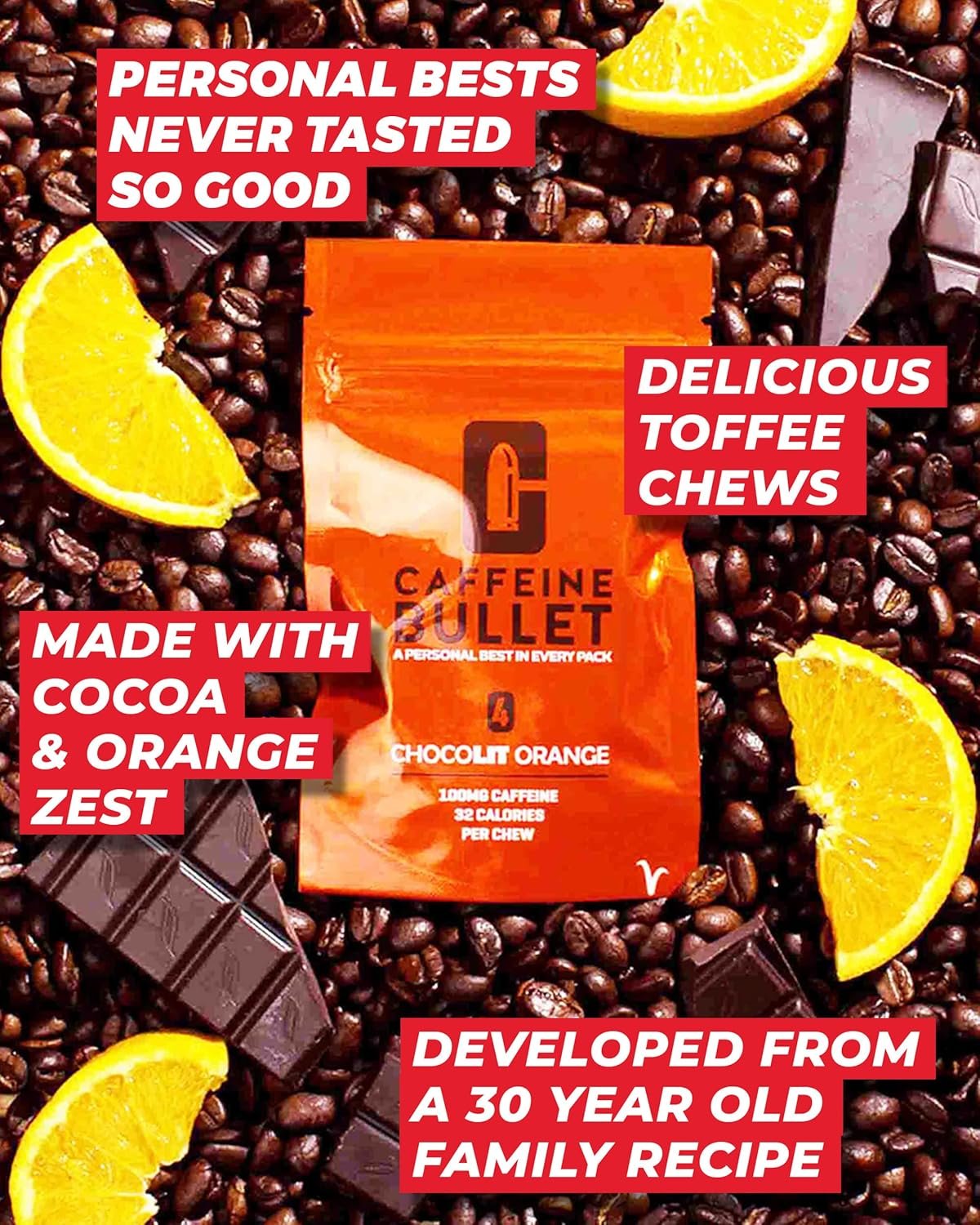 Caffeine Bullet Energy Chews - Chocolate Orange. 16 * 85mg - Faster Kick Than Pills, Gels & Gum. Sport Science for Running, Cycling, Gaming. A Pre Workout Endurance Boost.