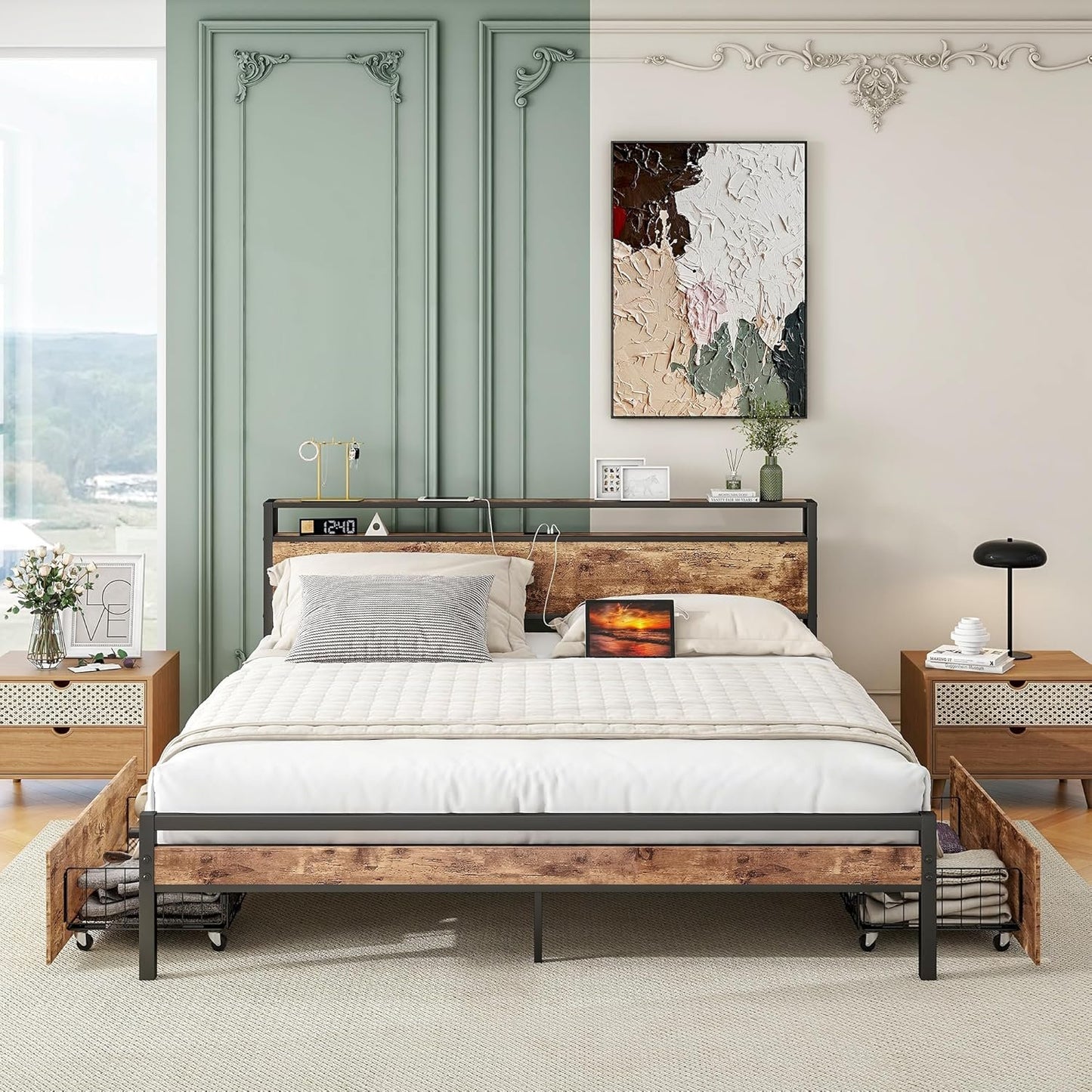 BOFENG Black King Size Bed Frame with 2-Tier Storage Headboard and Power Outlets,Charging Station,Platform Bed Frame King Size with 4 Storage Drawers,No Box Spring Needed,Sturdy and Noise Free,Brown