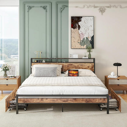 BOFENG Black King Size Bed Frame with 2-Tier Storage Headboard and Power Outlets,Charging Station,Platform Bed Frame King Size with 4 Storage Drawers,No Box Spring Needed,Sturdy and Noise Free,Brown