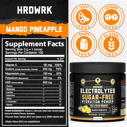 Hydrolyte Mango Pineapple - 100 Servings Sugar Free Electrolyte Powder with Magnesium, Potassium and Sodium - Boost Endurance and Reduce Fatigue with This Electrolyte Supplement - Keto Friendly