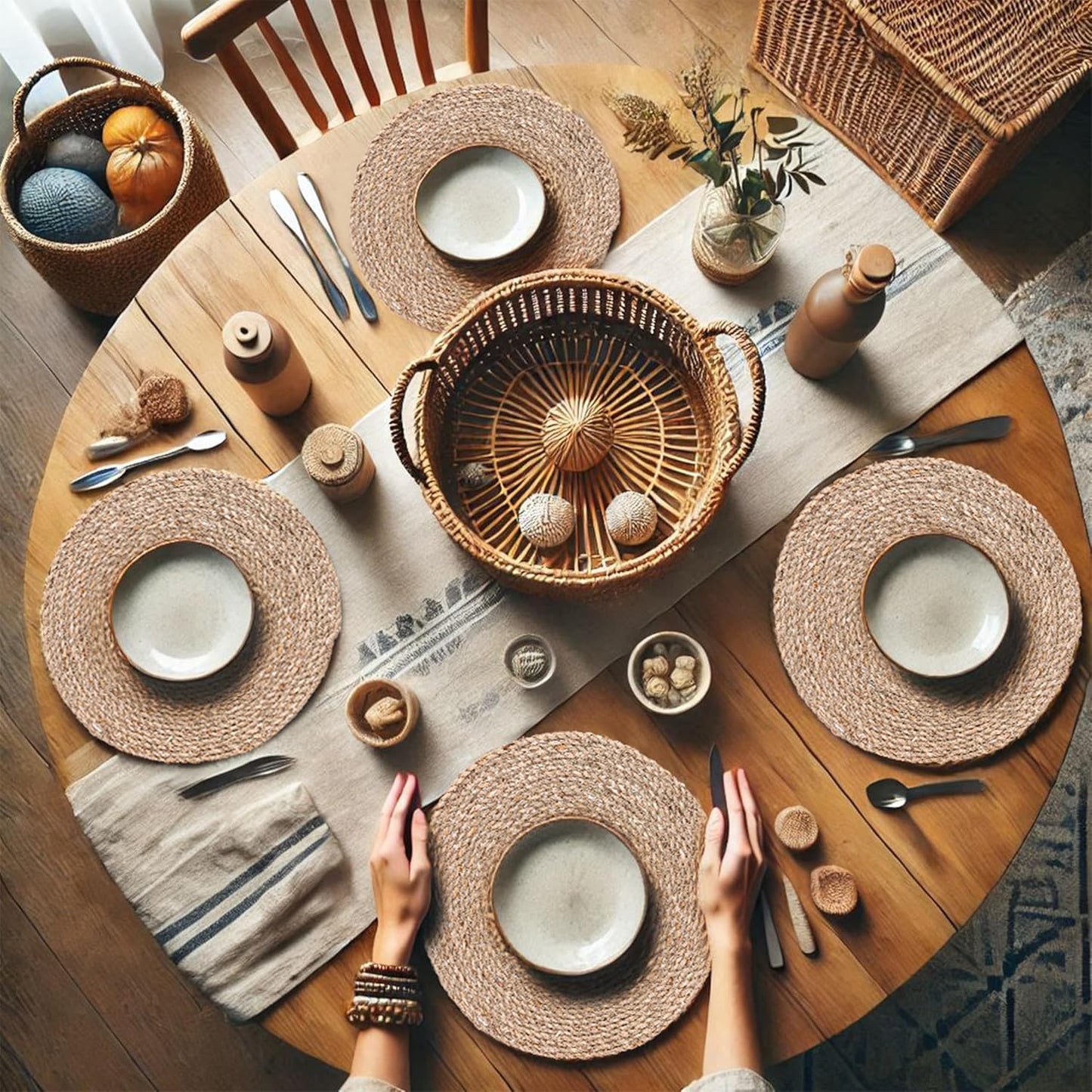 Woven Placemats Set of 12, Round 12" Boho Rattan Natural Hand-Woven Seagrass Placemats, Farmhouse Weave Place Mats, Rustic Braided Wicker Table Mats for Dining Table, Home, Wedding