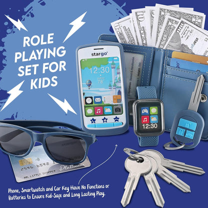 Play Wallet for Boys with Money and Pretend Play Toys, Cellphone, Smartwatch, Keys, Sunglasses, Toddler Wallet for Kids Ages 3 4 5 6 7 8 9 10 11 12 - Grown Up Pretend Play Set for Kids
