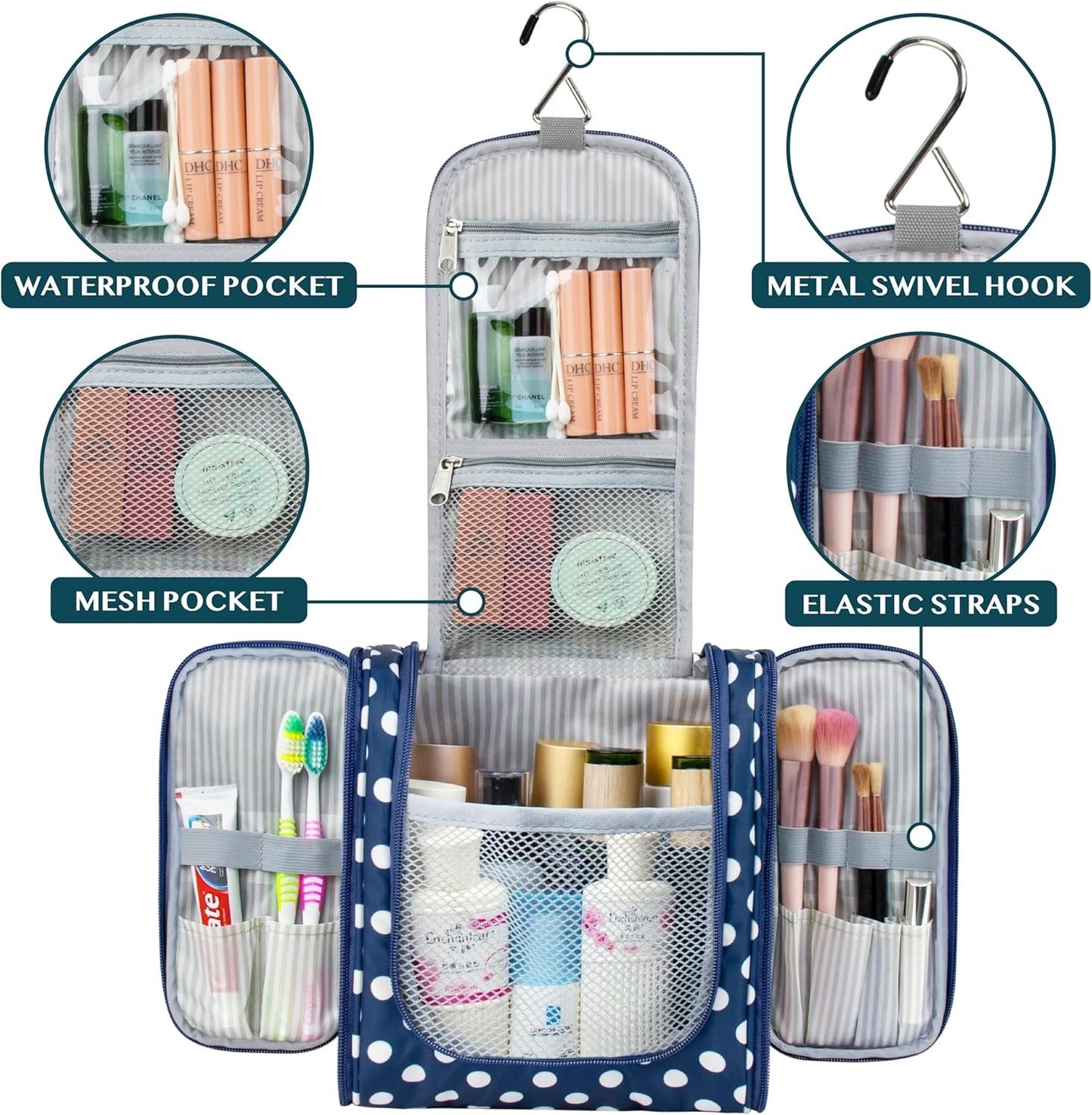 PAVILIA Toiletry Bag Travel Bag for Women Men, Hanging Cosmetic Organizer, Water Resistant Makeup Bag for Accessories Toiletries, Large Travel Essentials Kit (Navy Polka Dot)