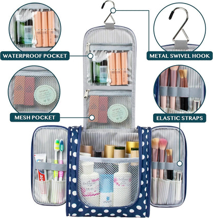 PAVILIA Toiletry Bag Travel Bag for Women Men, Hanging Cosmetic Organizer, Water Resistant Makeup Bag for Accessories Toiletries, Large Travel Essentials Kit (Navy Polka Dot)