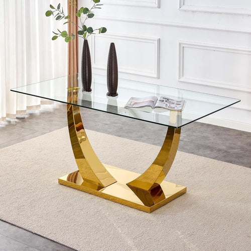WEKEOT Modern Dining Table Rectangle Kitchen Table Tempered Glass Tabletop with Golden Leg Dinner Table for Dining Room, Office, Restaurant (160CM, Glass Tabletop and Golden Leg)