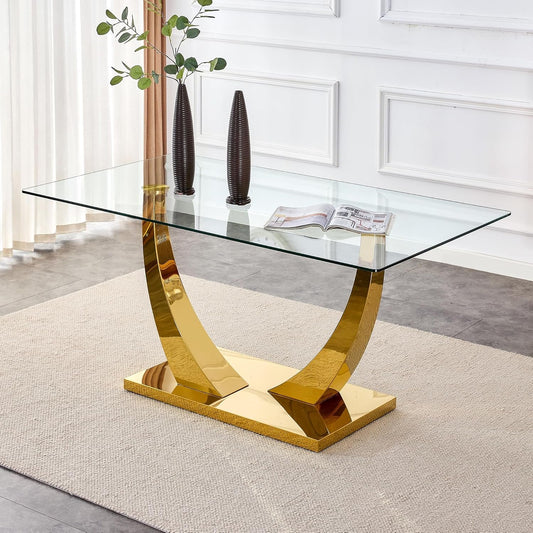 WEKEOT Modern Dining Table Rectangle Kitchen Table Tempered Glass Tabletop with Golden Leg Dinner Table for Dining Room, Office, Restaurant (160CM, Glass Tabletop and Golden Leg)