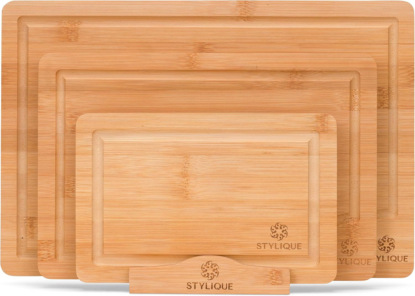 STYLIQUE Wooden Chopping Board Set of 3 with Cutting Board Organiser, Meal Prep Wooden Cutting Boards, Large Chopping Board and Serving Tray, Cheese Board, Kitchen Tools gadgets, Bamboo Chopping Board