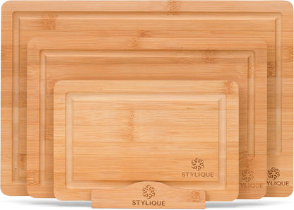 STYLIQUE Wooden Chopping Board Set of 3 with Cutting Board Organiser, Meal Prep Wooden Cutting Boards, Large Chopping Board and Serving Tray, Cheese Board, Kitchen Tools gadgets, Bamboo Chopping Board