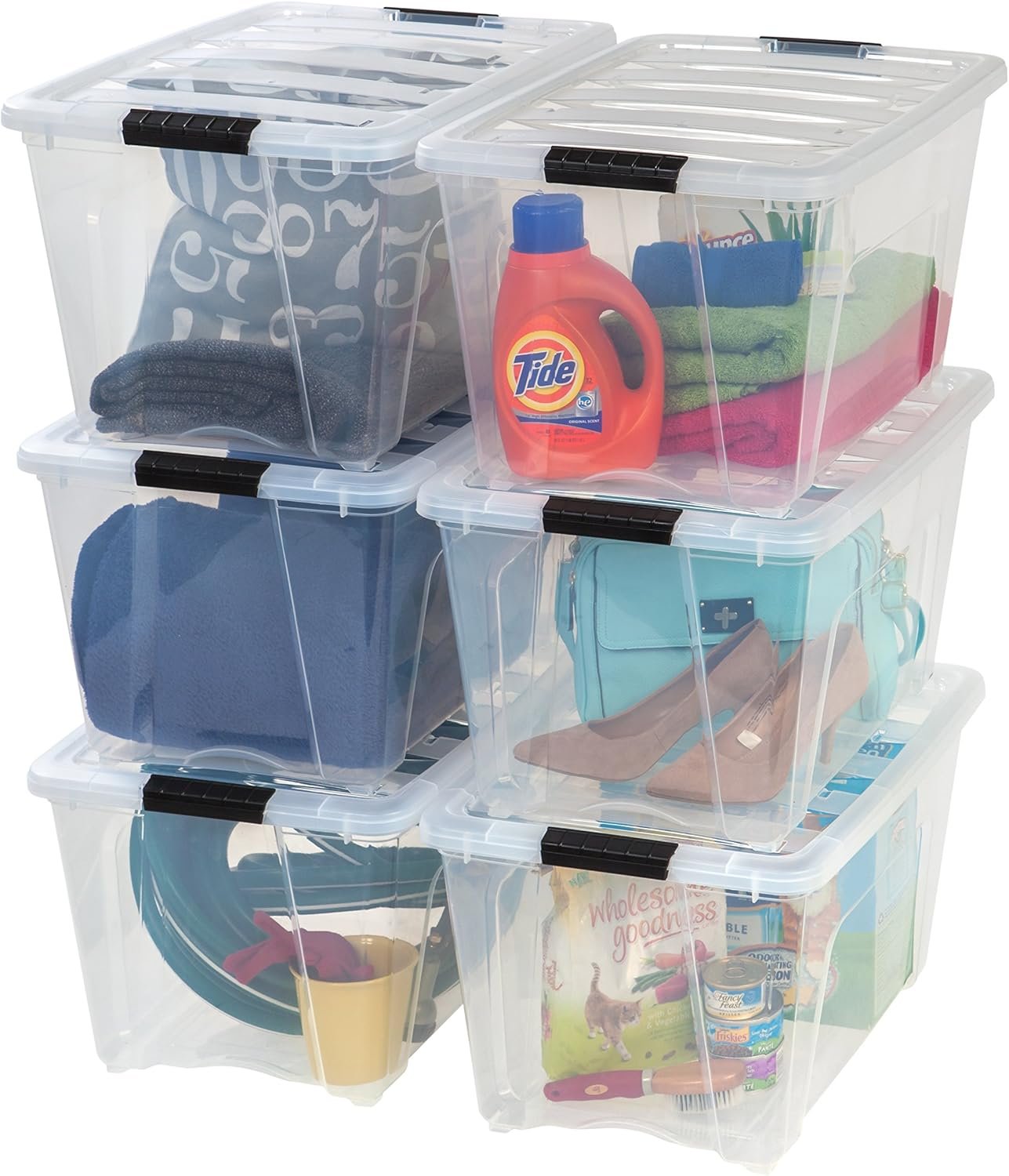 IRIS USA 51 L Plastic Storage Box with Lid and Latches - 6 Pack - BPA-Free, See-Through Organizing Solution, Durable Nestable Stackable Containers, Secure Pull Handle - Clear