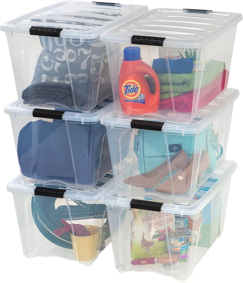 IRIS USA 51 L Plastic Storage Box with Lid and Latches - 6 Pack - BPA-Free, See-Through Organizing Solution, Durable Nestable Stackable Containers, Secure Pull Handle - Clear