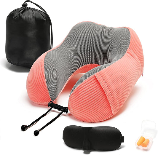 Travel Pillow, Memory Foam Neck Pillow with 360-Degree Head Support Comfortable Airplane Pillow with Storage Bag Lightweight Traveling Pillow for Sleeping, Car, Train, Bus and Home Use (Pink)