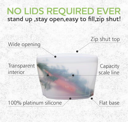 Zip Standing Reusable Silicone Food Storage Bag, Set of 6 White Stand Up Food Storage Container, Reusable Zipper seal bag, no lid required, for Food Storage& Meal Prep, Freezer Oven Dishwasher - Safe