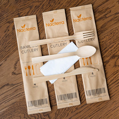 Nacterra Eco-Friendly Disposable Cutlery Set - Biodegradable Wooden Spoons, Forks, and Knives with 1 Napkin - 50 Packs - All Natural Bamboo Dinnerware Set