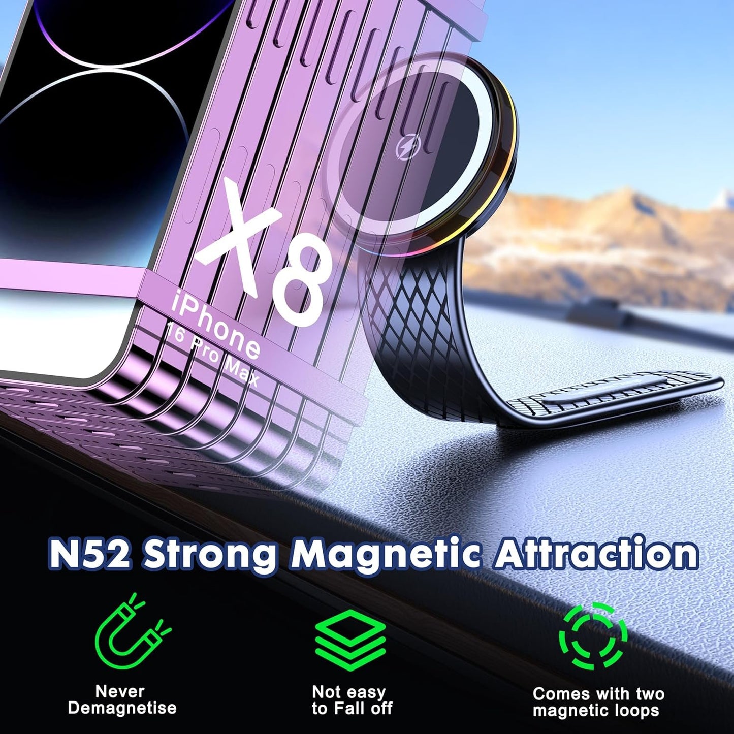 Pocaton for MagSafe Car Mount Charger, Magnetic Wireless Charger Car 15W Ultra Fast Charging Powerful Magnet Adjustable Angle Stability Easy Installation Phone Holder Car with Charging Function