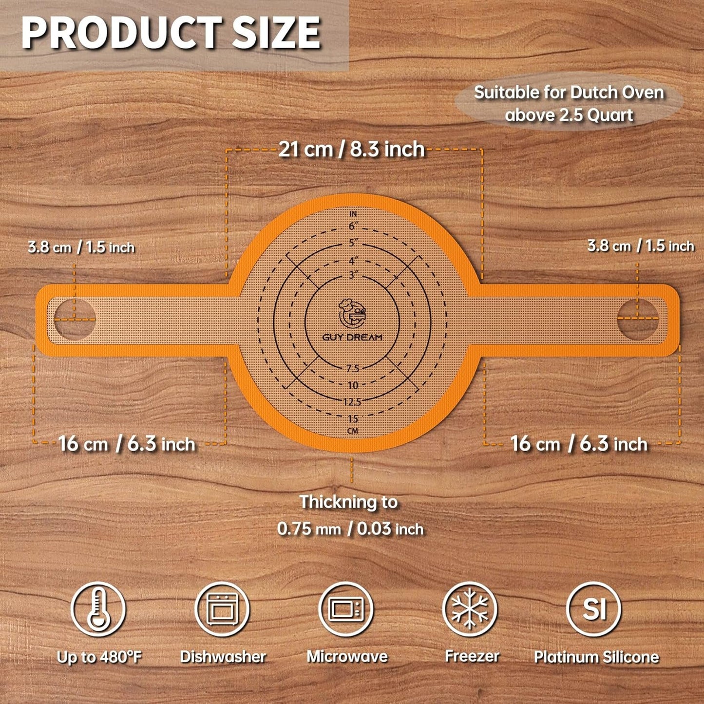 GUYDREMAT Silicone Baking Mat for Dutch Oven 2PCs - Non-Stick Bread Sling - 8.3 Inch Reusable Bread Baking Mat – Silicone Cast in Iron Oven Liner with Long Handles for Artisan Bread