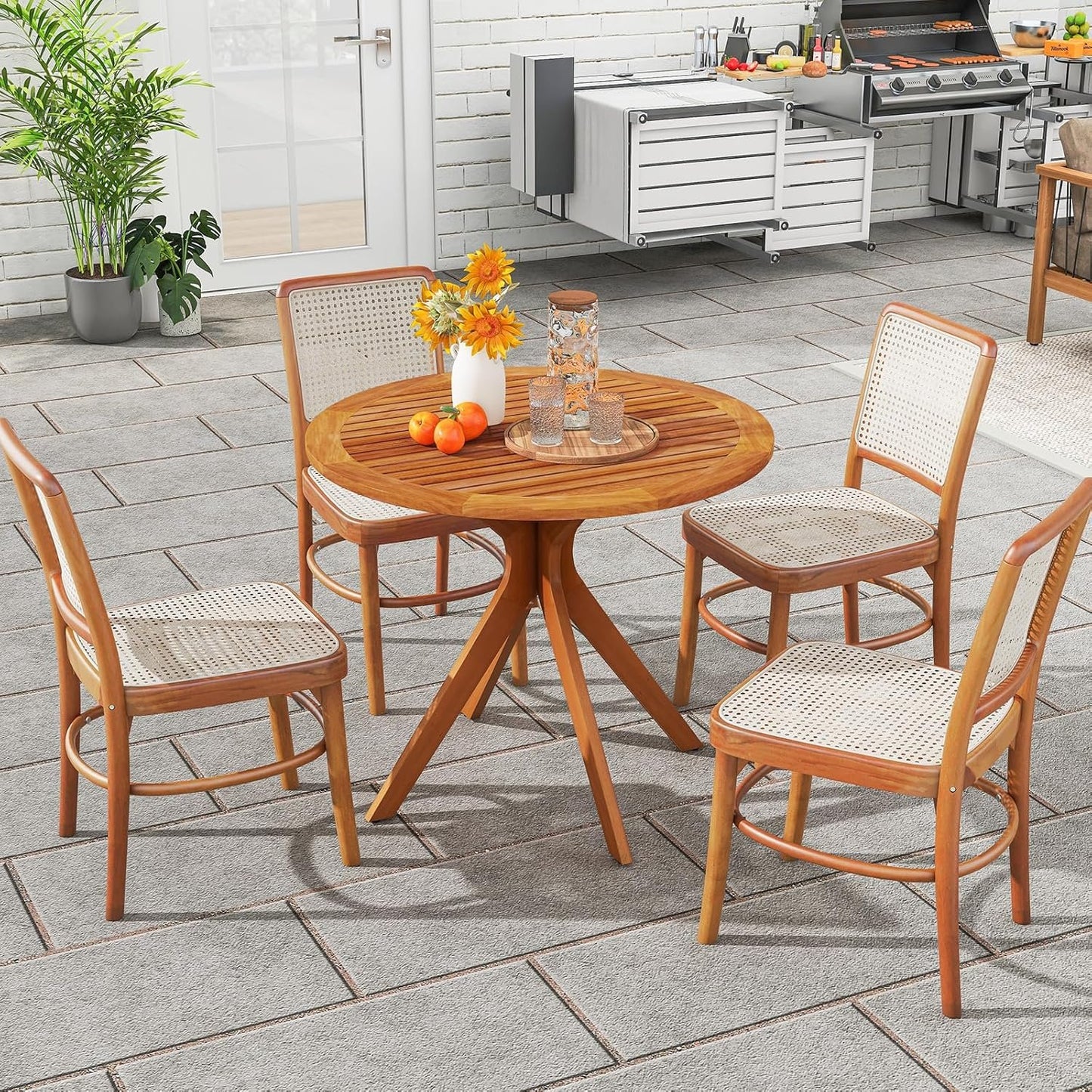 DORTALA Patio Wood Round Dining Table, 35.5" Eucalyptus Wood Table for 4-Person with Slatted Tabletop & Curved Legs for Backyard, Garden, Poolside