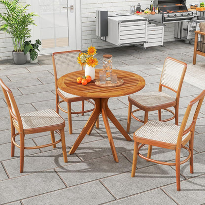DORTALA Patio Wood Round Dining Table, 35.5" Eucalyptus Wood Table for 4-Person with Slatted Tabletop & Curved Legs for Backyard, Garden, Poolside