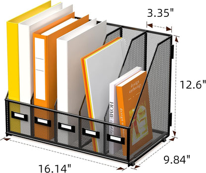 DALTACK Desk Organizers Metal Desk Magazine File Holder with 5 Vertical Compartments Folder Storage for Office Home School Organization, Black