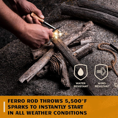 Bushcraft Survival Gear Ferro Rod Fire Starter | Flint and Steel Campfire Starter Kit w/Tinder Rope | Waterproof Magnesium Firestarter Tool for Camping and Backpacking