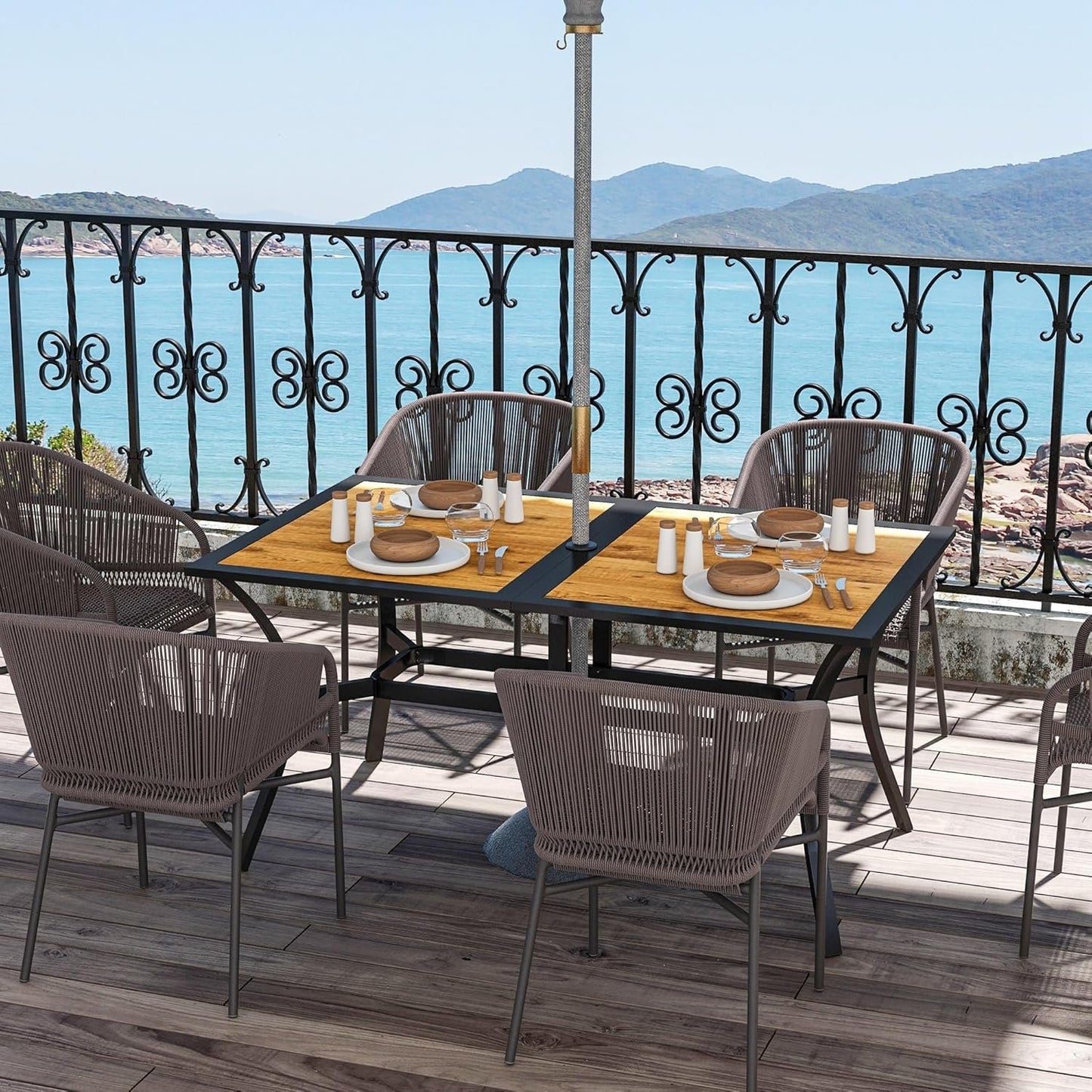 Outsunny Outdoor Dining Table with Umbrella Hole, Rectangular Patio Dining Table for 6 with Steel Frame and Wood-Like Plastic Top for Garden, Balcony, Brown