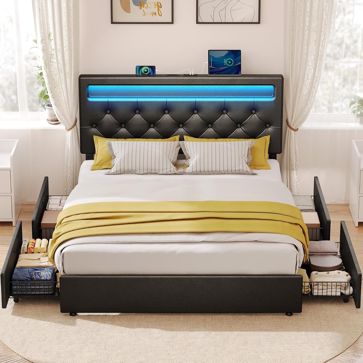 Rolanstar Full Size Bed Frame with 4 Storage Drawers and Charging Station, Upholstered PU Leather Bed with Adjustable Headboard and LED Lights, No Box Spring Needed, Easy Assembly, Black