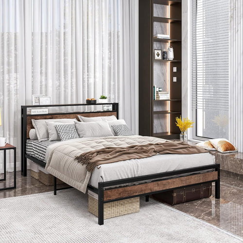FOUBAM Queen Bed Frame with Storage Headboard,Metal Platform Bed Frame Queen Size Mattress Base No Box Spring Needed,Heavy Duty Metal Slats,Under Bed Storage,Noise-Free,Brown