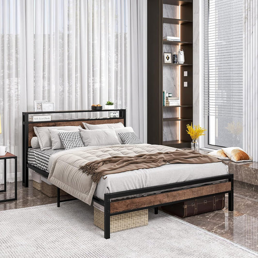 FOUBAM Queen Bed Frame with Storage Headboard,Metal Platform Bed Frame Queen Size Mattress Base No Box Spring Needed,Heavy Duty Metal Slats,Under Bed Storage,Noise-Free,Brown