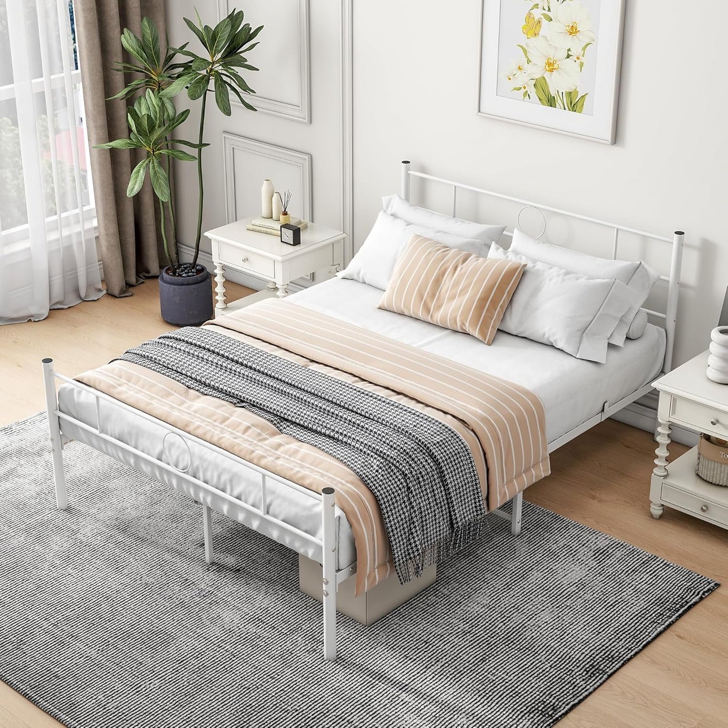 VECOCHO Full Size Metal Bed Frame with Headboard/Double Platform Bed Frame No Box Spring,Strong Steel Slat Support/Full Mattress Foundation Bed/Easy Assembly/Noise Free/White