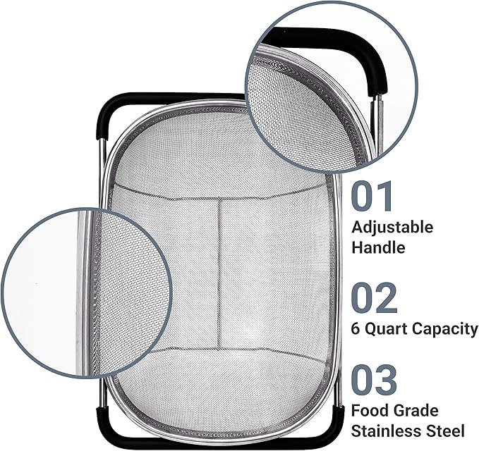 Makerstep Over the Sink Colander Strainer Basket Stainless Steel, For Kitchen Sink with Rubber Grip, Fine Mesh, Large Kitchen Gadgets Tools, Expandable Home Kitchen Essentials