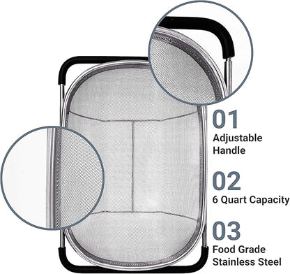 Makerstep Over the Sink Colander Strainer Basket Stainless Steel, For Kitchen Sink with Rubber Grip, Fine Mesh, Large Kitchen Gadgets Tools, Expandable Home Kitchen Essentials
