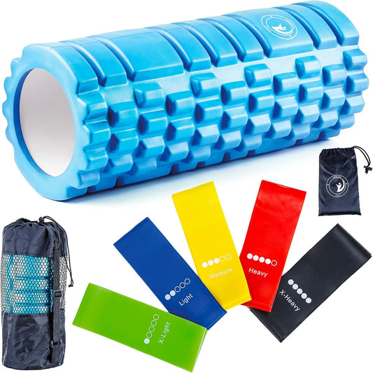 Muscle Massage Roller and Elastic Fitness Bands, Foam Roller for Pilates, Yoga, Stretching and Muscle Recovery, Complete Kit for Home and Gym Training, Support up to 120 kg (Light Blue)