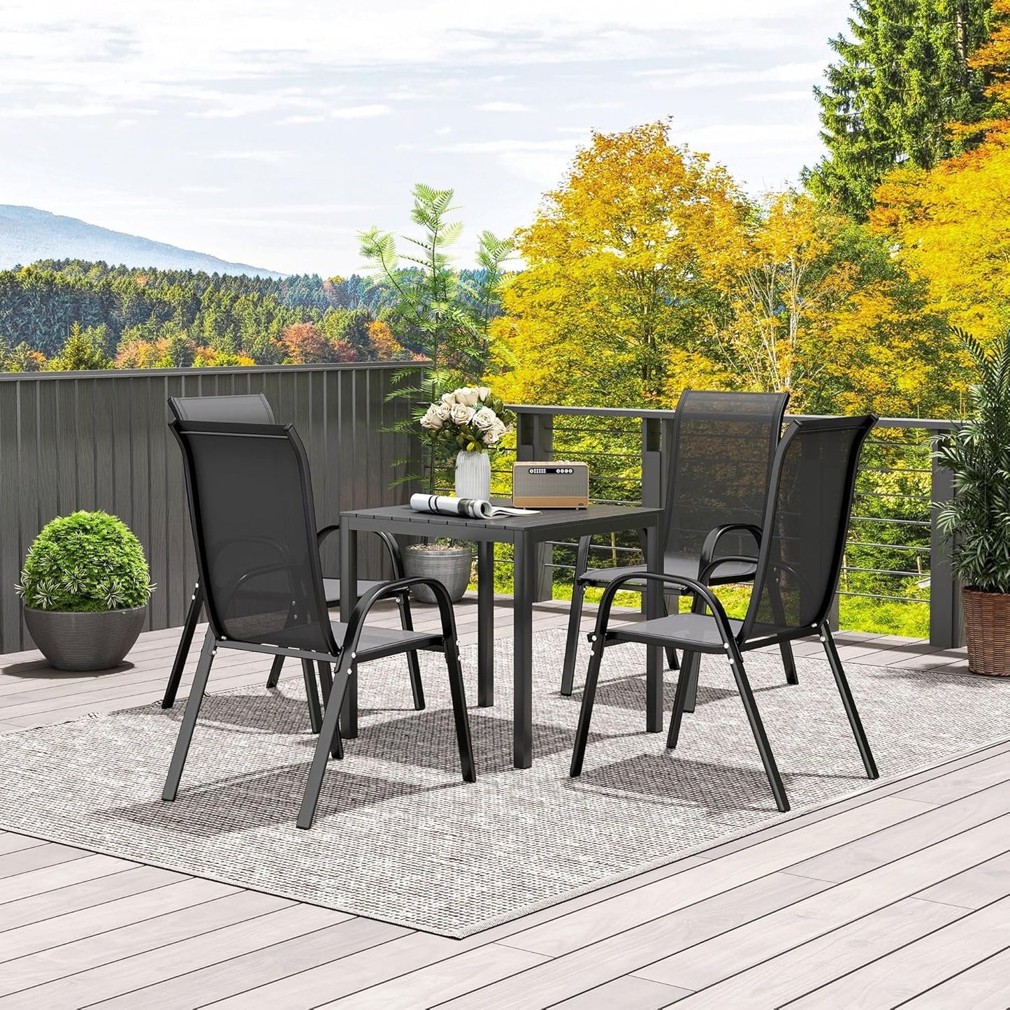 Outsunny 29" Aluminum Outdoor Dining Table for 4, Patio Table with Wood Grain Table Top, for Garden, Lawn, Balcony, Deck, Black