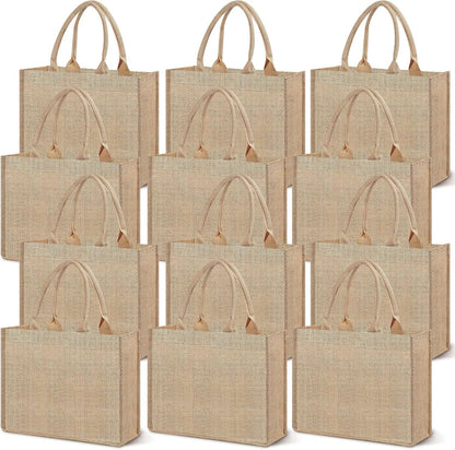 12 Pack Burlap Tote Bag, Reusable Jute Bags with Handles, Large Jute Shopping Canvas Bags Burlap Gift Bags Bulk Kitchen Reusable Grocery Bags for Women Wedding DIY Art Crafts, 16 x 12 x 7.8 inch