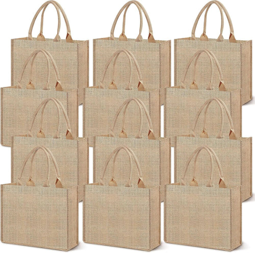 12 Pack Burlap Tote Bag, Reusable Jute Bags with Handles, Large Jute Shopping Canvas Bags Burlap Gift Bags Bulk Kitchen Reusable Grocery Bags for Women Wedding DIY Art Crafts, 16 x 12 x 7.8 inch